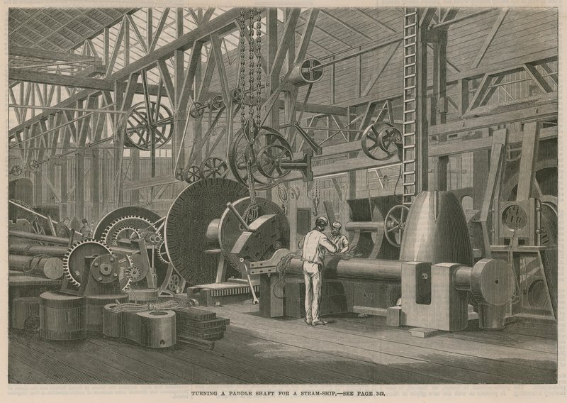 Ein Besuch in der Penns Marine Engine Fabrik in Greenwich, London; Drehen einer Schaufelwelle für ein Dampfschiff von English School