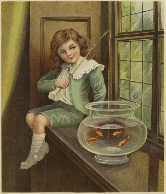 Ein Junge hält eine Angelrute in eine Schüssel mit Goldfischen von English School