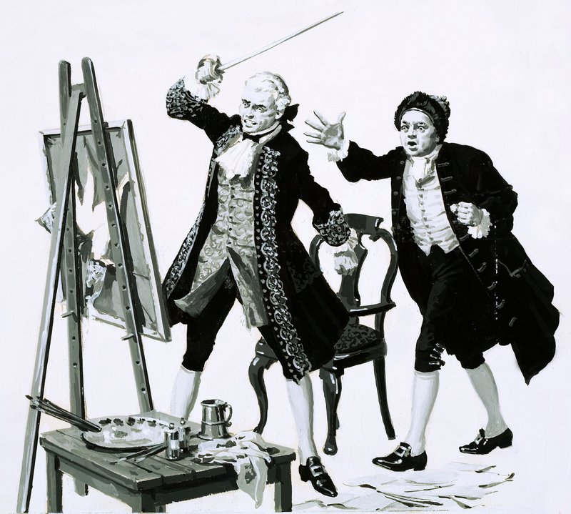 Ein junger Mann zerschlitzte ein unvorteilhaftes Porträt seines Vaters von Hogarth mit einem Schwert von English School