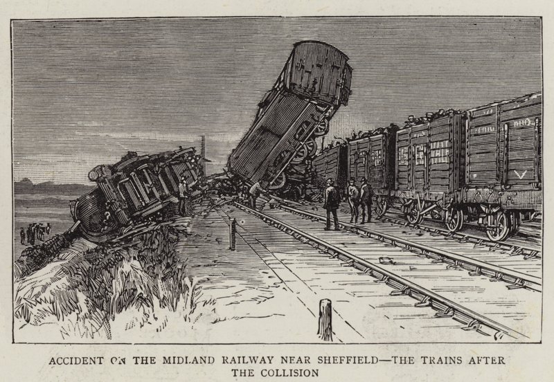 Unfall auf der Midland Railway bei Sheffield, die Züge nach der Kollision (Gravur) von English School