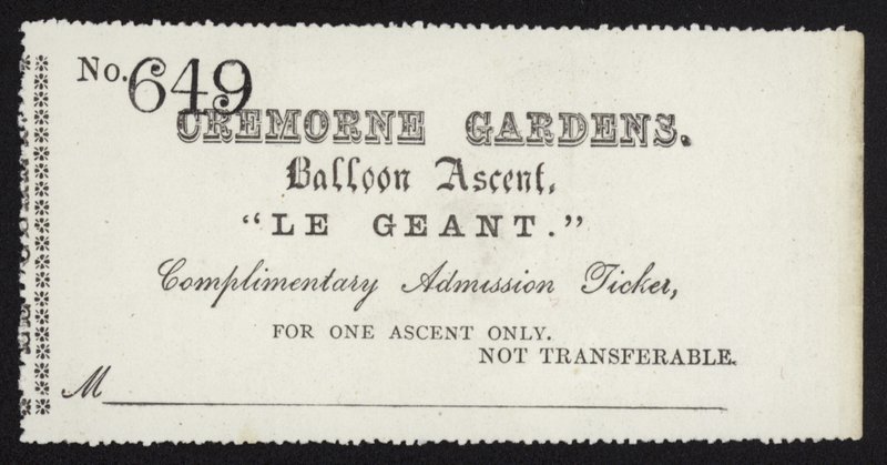 Eintrittskarte für den Aufstieg des Ballons Le Géant aus den Cremorne Gardens, London von English School