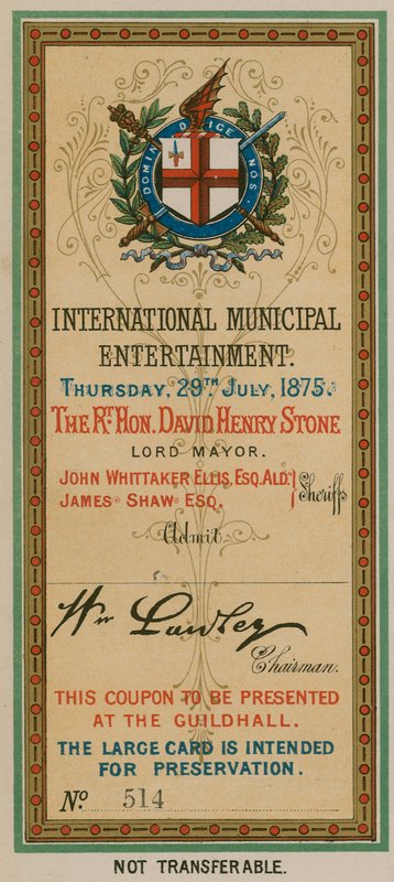 Eintrittskarte zur Internationalen Kommunalen Unterhaltung in der Guildhall, London, am 29. Juli 1875 von English School