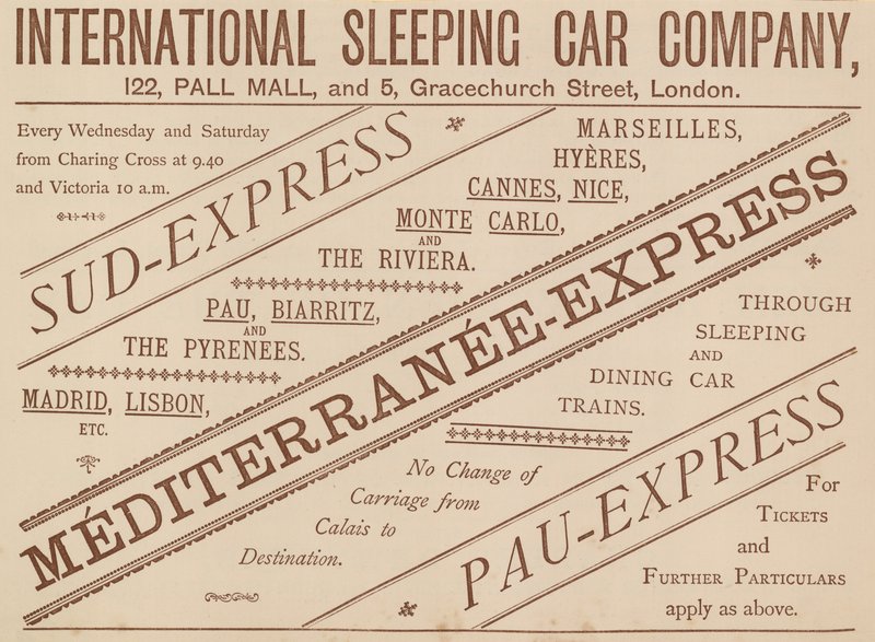 Anzeige für die International Sleeping Car Company, 122 Pall Mall und 5 Graceshurch Street, 1888 von English School