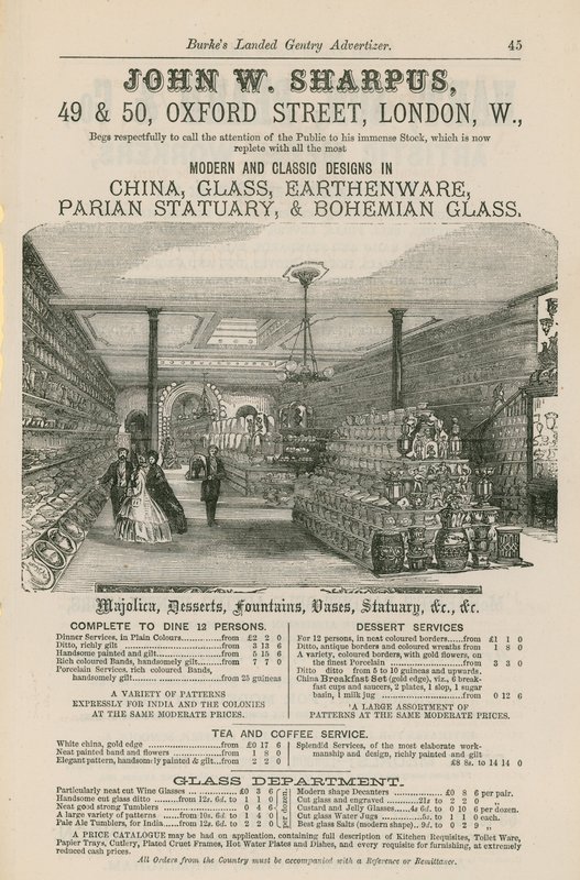 Werbung für John W. Sharpus, moderne und klassische Designs in Porzellan, Glas, Steingut, Parian-Statuen und böhmischem Glas von English School