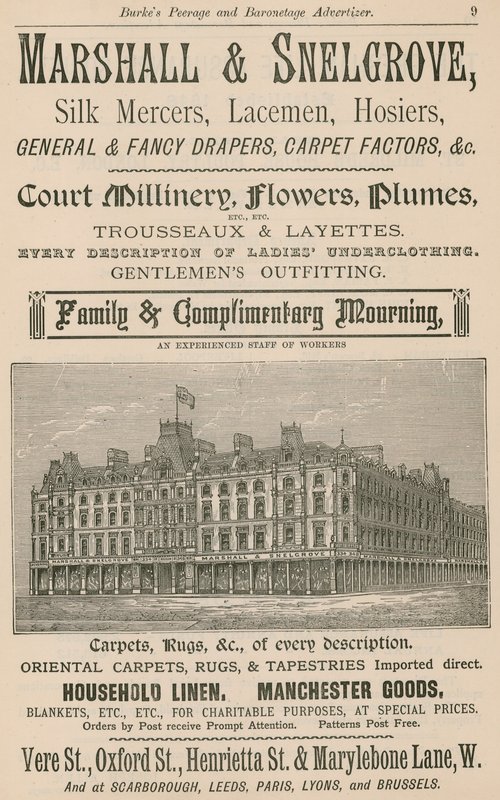 Werbung für Marshall & Snelgrove, Seidenhändler, Spitzenhändler, Strumpfhändler von English School