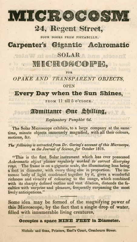 Werbung für die Microcosm-Ausstellung in der Regent Street 24, London von English School
