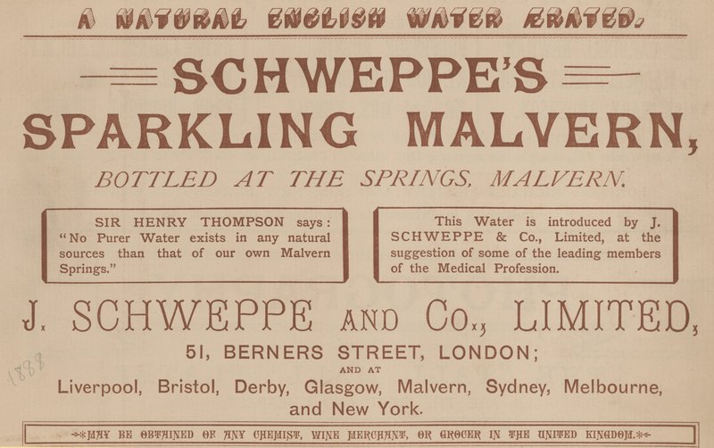 Anzeige für Schweppes Sparkling Malvern, abgefüllt an den Quellen, Malvern von English School