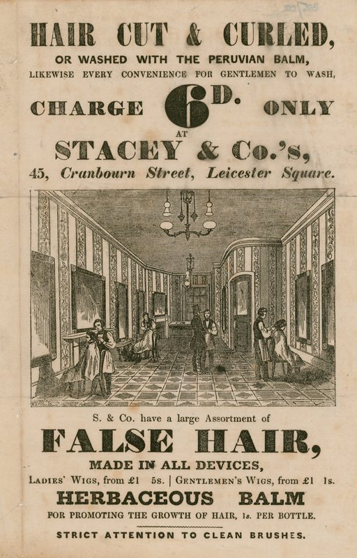 Werbung für Stacey & Co., 45 Cranbourne Street, Leicester Square, London, Friseure von English School