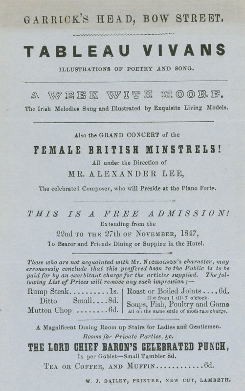 Anzeige für Tableau Vivans, Illustrationen von Poesie und Lied, Garricks Head, Bow Street, London von English School