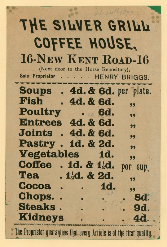 Anzeige für The Silver Grill Coffee House, 16 New Kent Road, London von English School