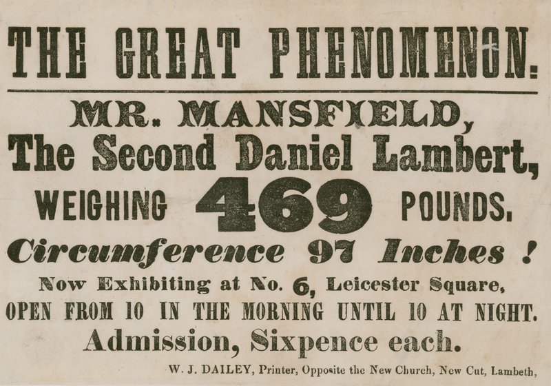 Werbung für einen Auftritt von Mr. Mansfield, einem zweiten Daniel Lambert, der 469 Pfund wiegt von English School