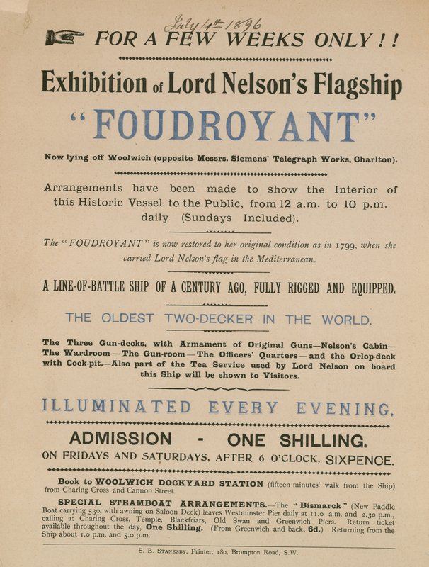 Anzeige für eine Ausstellung des Flaggschiffs Foudroyant von Lord Nelson von English School