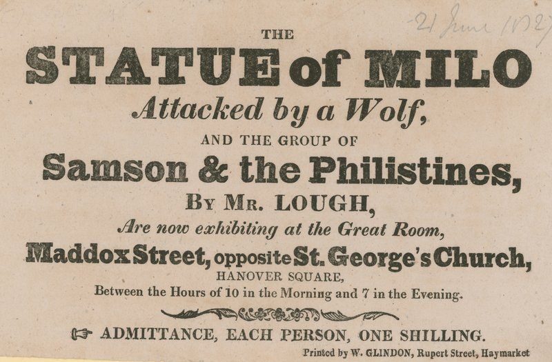 Anzeige für eine Ausstellung der Statue von Milo, angegriffen von einem Wolf von English School