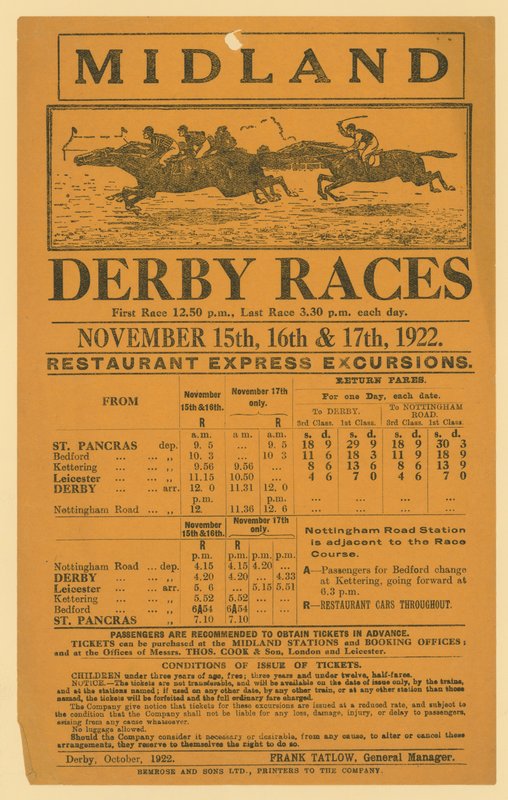 Werbung für Bahnausflug zu den Midland Derby Races, 15.-17. November 1922 von English School