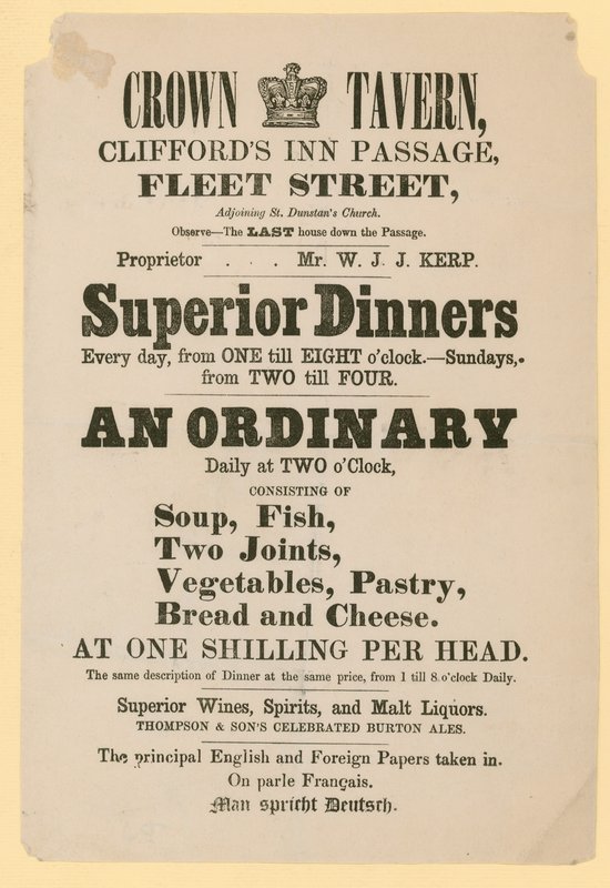 Anzeige für die Crown Tavern, Cliffords Inn Passage, Fleet Street, London von English School