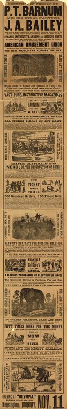 Werbung für den Auftritt von P T Barnum und J A Baileys Show im Olympia von English School