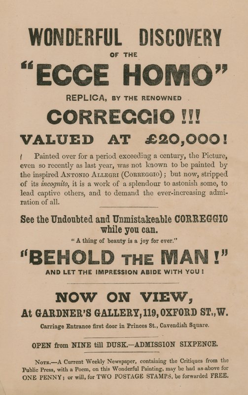 Werbung für die Ausstellung einer Replik des Gemäldes Ecce Homo von Correggio (Antonio Allegri) von English School