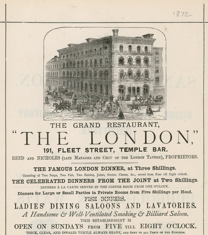 Anzeige für das Grand Restaurant The London, 191 Fleet Street, Temple Bar von English School