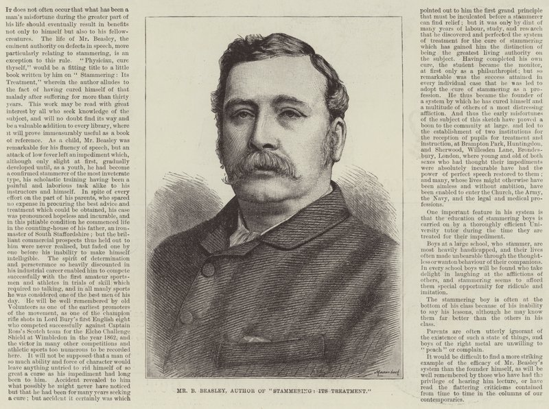 Werbung, Mr B Beasley, Autor von "Stottern, seine Behandlung" (Gravur) von English School