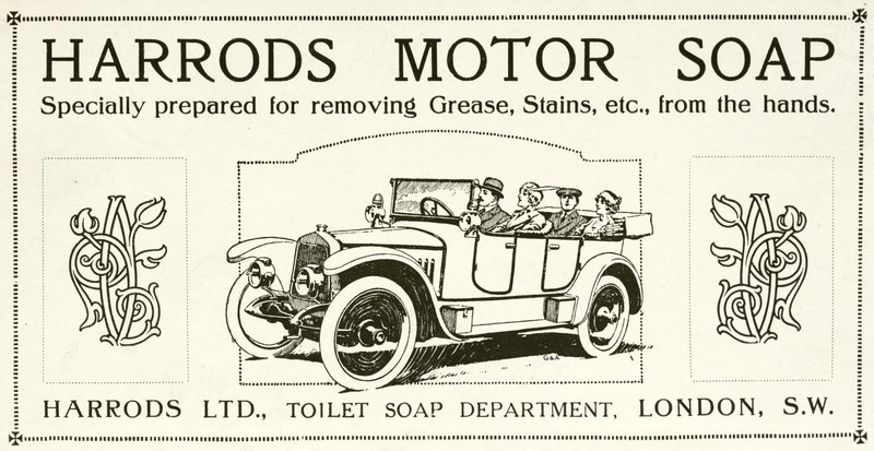 Werbung für Harrods Motorseife von English School