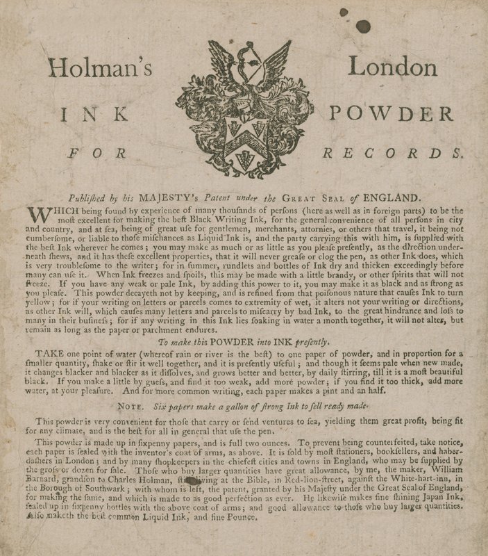 Werbung für Holmans Londoner Tintenpulver für Aufzeichnungen von English School