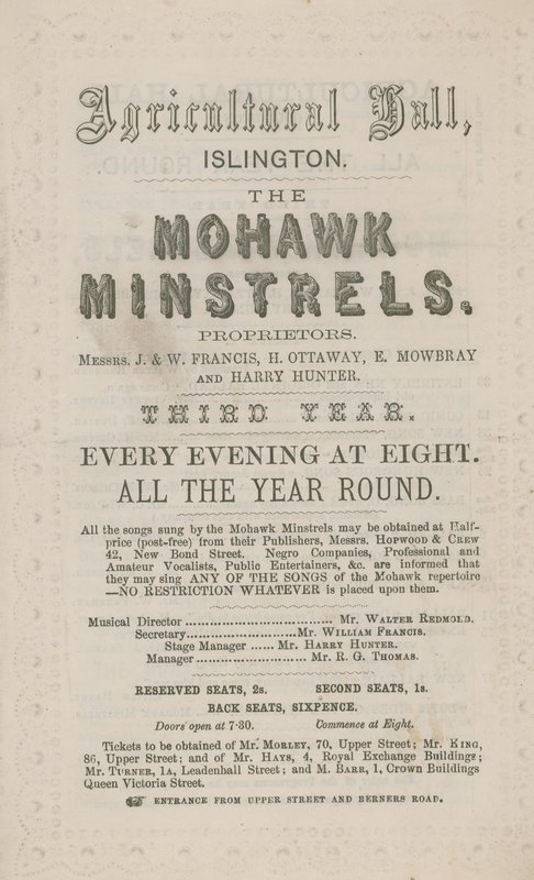 Werbung für die Mohawk Minstrels in der Landwirtschaftshalle von English School