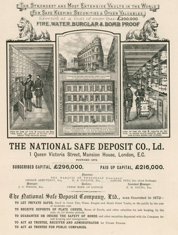 Werbung für die National Safe Deposit Company, 1 Queen Victoria Street, Mansion House, London von English School