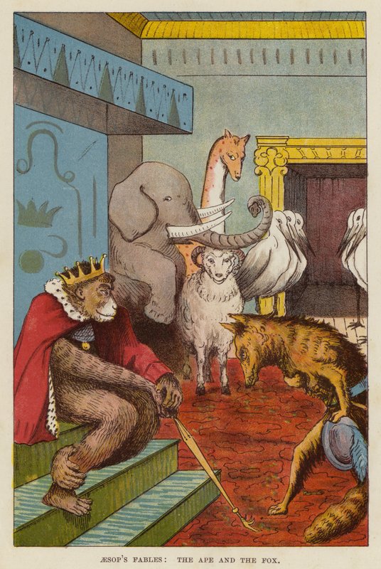 Äsops Fabeln: Der Affe und der Fuchs (Chromolithografie) von English School