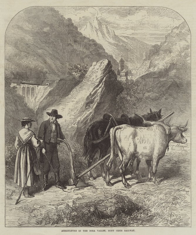 Landwirtschaft im Dora-Tal, Mont-Cenis-Bahn (Gravur) von English School