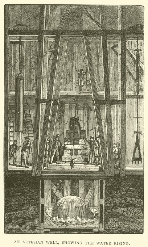 Ein Artesischer Brunnen, der das aufsteigende Wasser zeigt (Stich) von English School