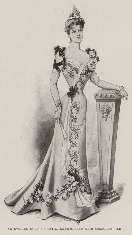 Ein Abendkleid aus Satin, bestickt mit farbigen Seiden von English School