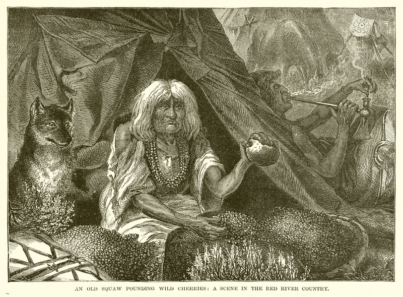 Eine alte Squaw zerkleinert wilde Kirschen: Eine Szene im Red River Country von English School