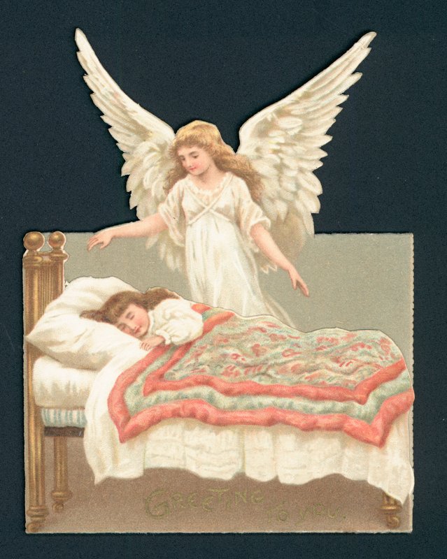 Engel wacht über schlafendes Mädchen im Bett, viktorianischer Ausschnitt von English School