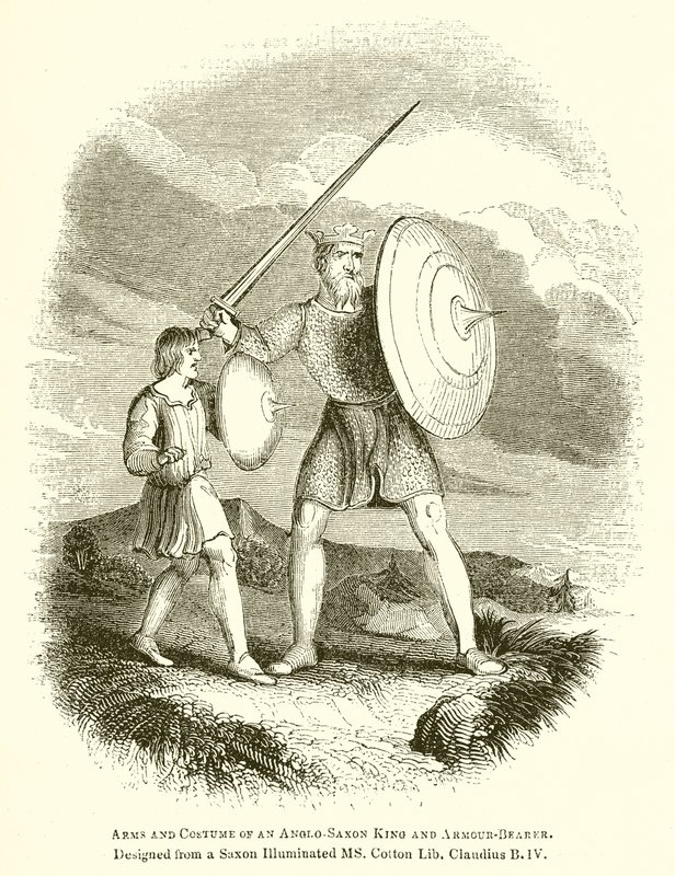 Waffen und Kostüm eines angelsächsischen Königs und Rüstungs-Trägers von English School