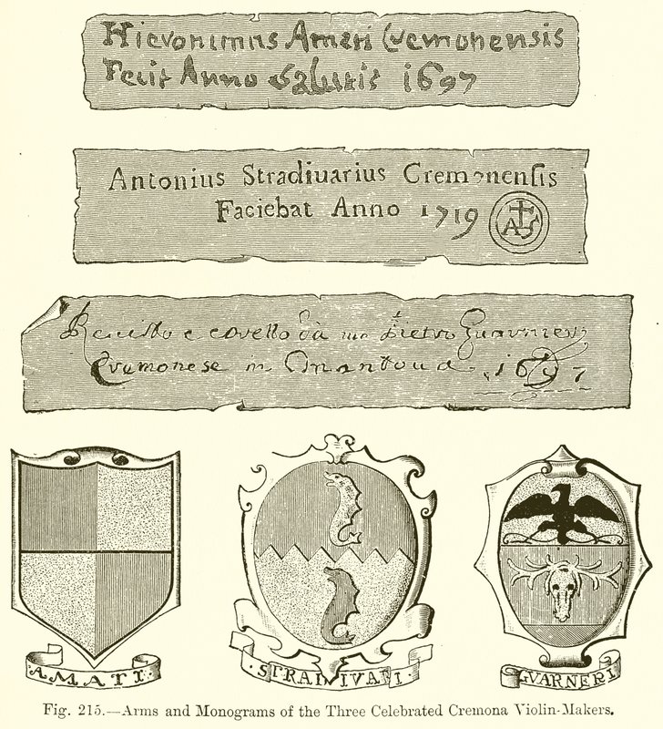 Wappen und Monogramme der drei berühmten Cremona-Geigenbauer von English School