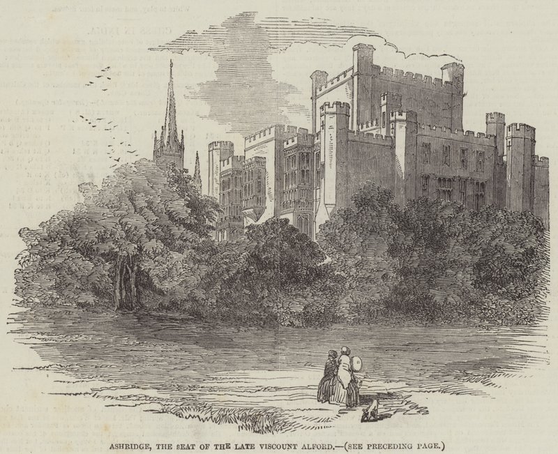 Ashridge, der Sitz des verstorbenen Viscount Alford (Gravur) von English School