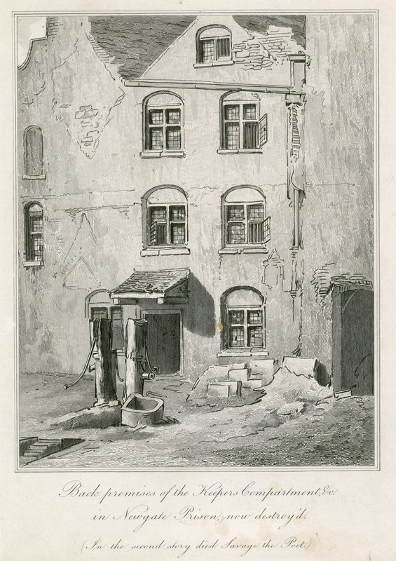 Hinterhof des Wärterbereichs im Newgate-Gefängnis. Im zweiten Stock starb der Dichter Richard Savage von English School