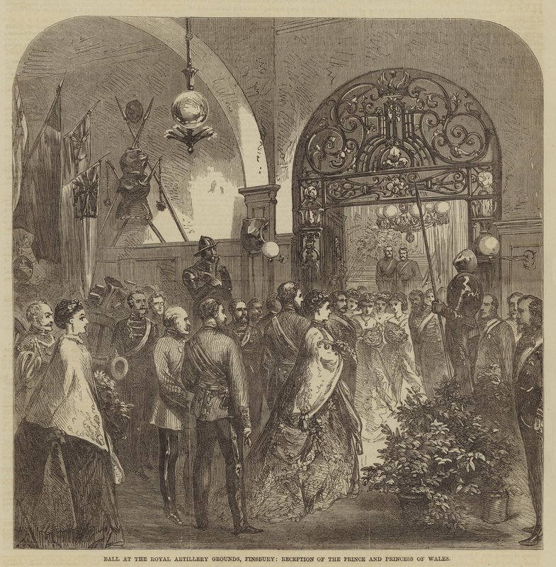 Ball auf dem Gelände der Royal Artillery, Finsbury, Empfang des Prinzen und der Prinzessin von Wales (Gravur) von English School