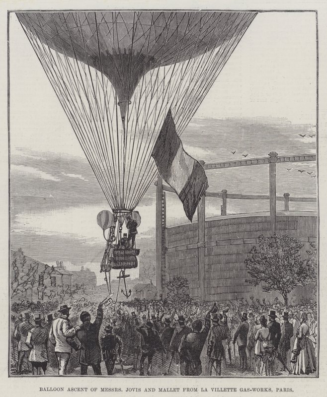 Ballonaufstieg von Messers Jovis und Mallet von den Gaswerken La Villette, Paris (Gravur) von English School