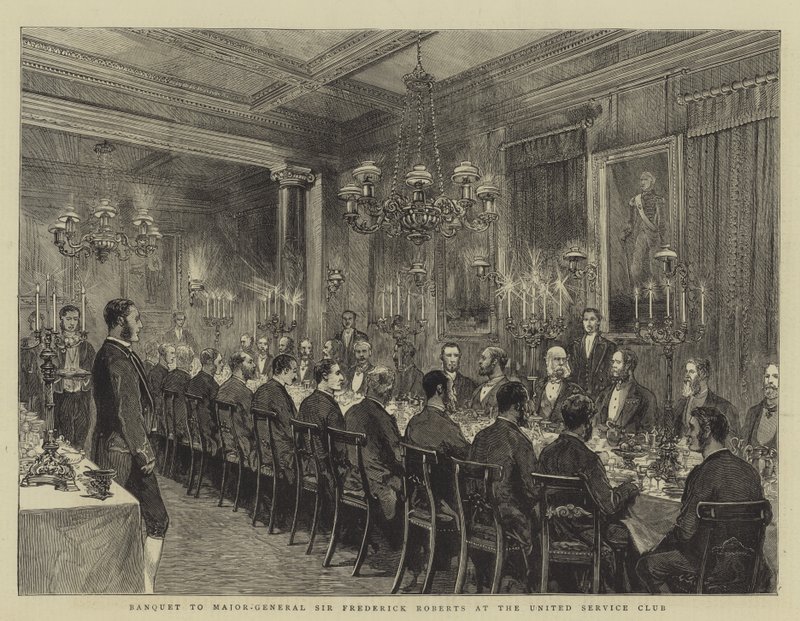 Bankett für Generalmajor Sir Frederick Roberts im United Service Club, Illustration für The Graphic, 4. Dezember 1880 von English School
