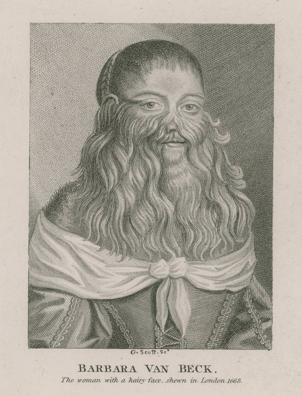 Barbara Van Beck, die Frau mit einem behaarten Gesicht, gezeigt in London, 1668 von English School