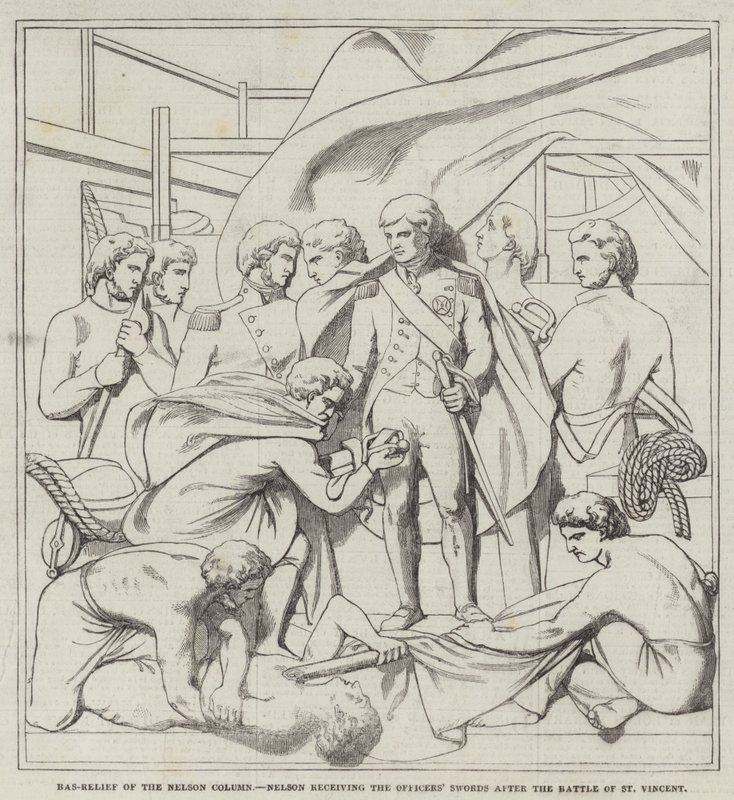 Basrelief der Nelson-Säule, Nelson nimmt die Schwerter der Offiziere nach der Schlacht von St. Vincent entgegen (Gravur) von English School