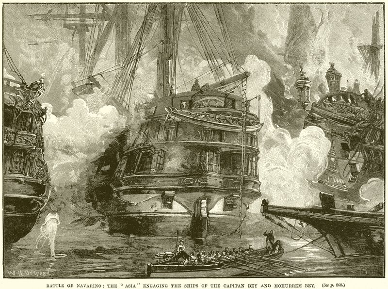 Schlacht von Navarino: Die Asia im Kampf mit den Schiffen von Capitan Bey und Mohurrem Bey von English School
