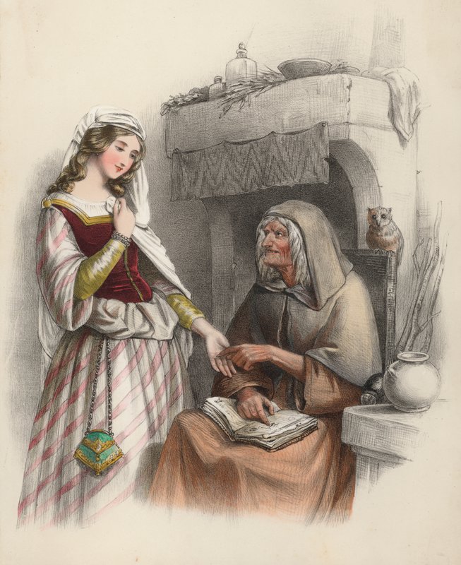 Schönes junges Mädchen besucht eine Hexe, um sich über die Zukunft beraten zu lassen von English School