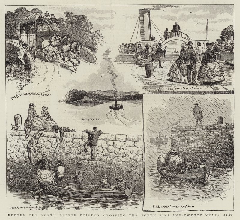 Bevor die Forth Bridge existierte, Überquerung des Forth vor fünfundzwanzig Jahren (Gravur) von English School
