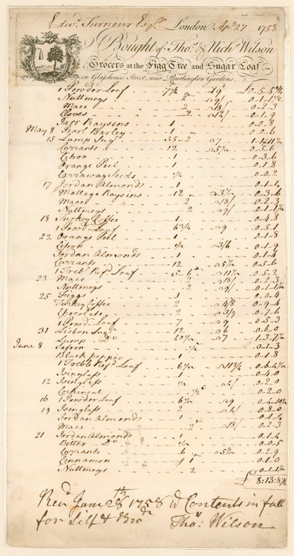Rechnung für Waren, gekauft bei Thomas & Nicholas Wilson, Lebensmittelhändler von English School