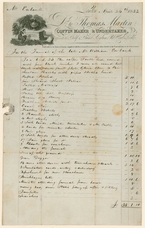 Rechnung von Thomas Martin, Sargmacher & Bestatter in Bezug auf die Beerdigung von Mr. William Eubank von English School