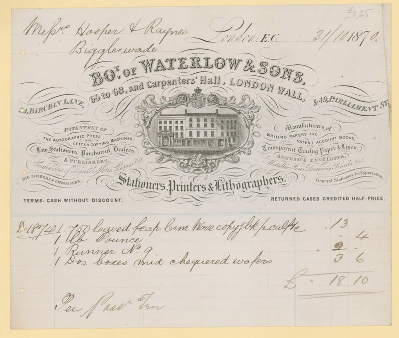 Rechnung von Waterlow and Sons, 66-68 Carpenters Hall, London Wall, Schreibwarenhändler von English School