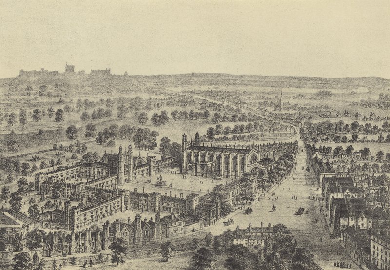 Vogelperspektive von Eton und Windsor (Gravur) von English School