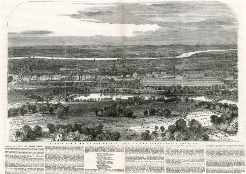 Vogelperspektive des Kristallpalastes und der umliegenden Landschaft, Große Ausstellung, 1851 von English School